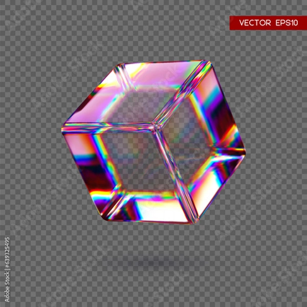 Fototapeta 3d transparent glossy cube with dispersion effect. Rainbow colors reflection glass. Vector illustration.