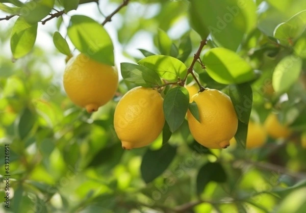 Fototapeta Lemon trees with ripe fruits. Bloomy lemon garden.