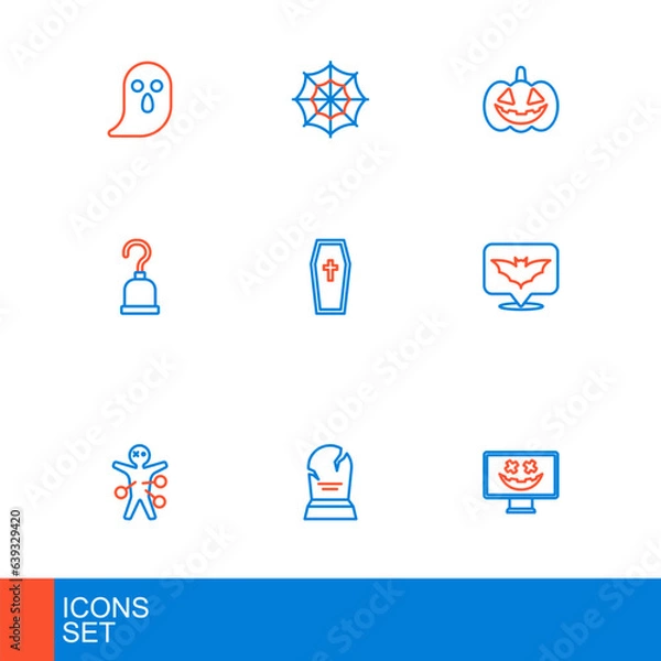 Fototapeta Set line Happy Halloween holiday, Tombstone with RIP written, Voodoo doll, Flying bat, Pirate hook, Coffin christian cross, Pumpkin and Spider web icon. Vector