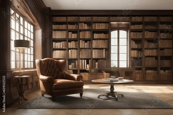Fototapeta A Luxury and peaceful library, books on shelf and a very nice comfortable sofa with table in center.