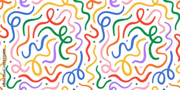 Fototapeta Fun colorful line doodle seamless pattern. Creative minimalist style art background for children or trendy design with basic shapes. Simple childish scribble backdrop.