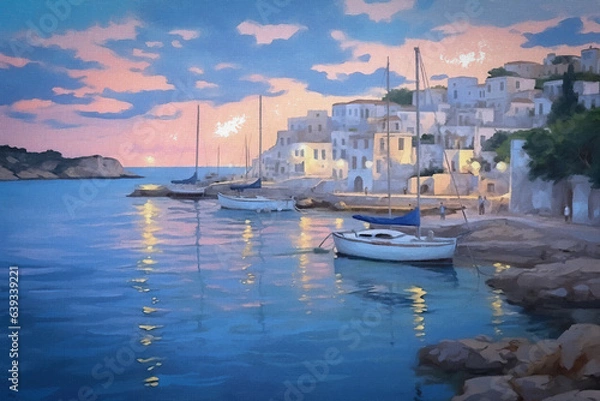 Fototapeta A tranquil generative AI illustration capturing sailboats in a Mediterranean harbor at sunset. Blue, pink, and white hues create a serene scene.
