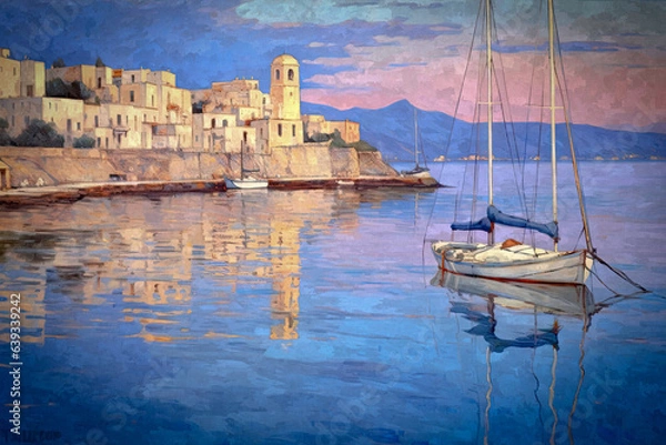 Fototapeta A tranquil generative AI illustration capturing sailboats in a Mediterranean harbor at sunset. Blue, pink, and white hues create a serene scene.