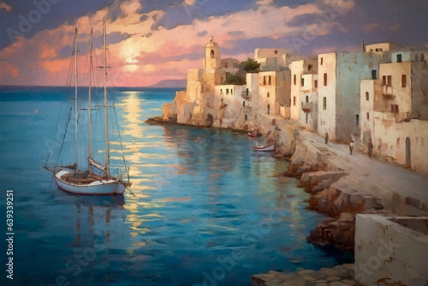 Fototapeta A tranquil generative AI illustration capturing sailboats in a Mediterranean harbor at sunset. Blue, pink, and white hues create a serene scene.