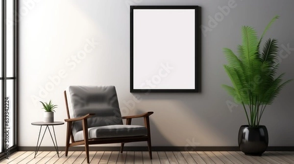 Fototapeta Modern living room interior. Interior and Blank picture frame background mockup and armchairs with the gray wall.