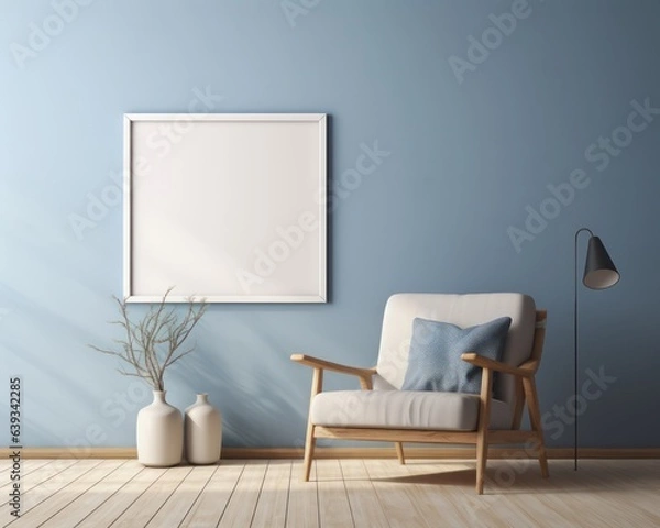 Fototapeta Modern living room interior. Interior and frame mockup. Two white armchairs with the blue wall.