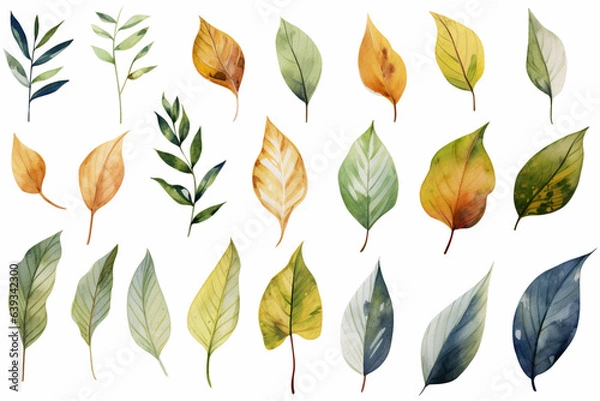 Fototapeta 水彩調の植物のイラスト。北欧風の 葉っぱのイラスト。