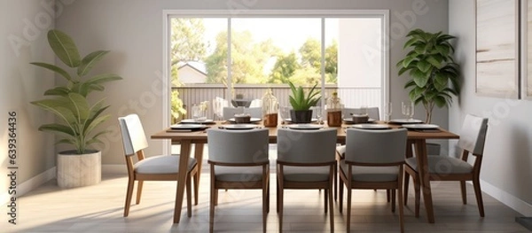 Fototapeta Staged home with contemporary open dining area featuring gray chairs and wood table adjacent to family room in renovated property