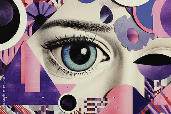 Fototapeta pop art style collage of eyes and different  colorful shapes, retro vintage mood wallpaper banner, abstract theme concept social network use