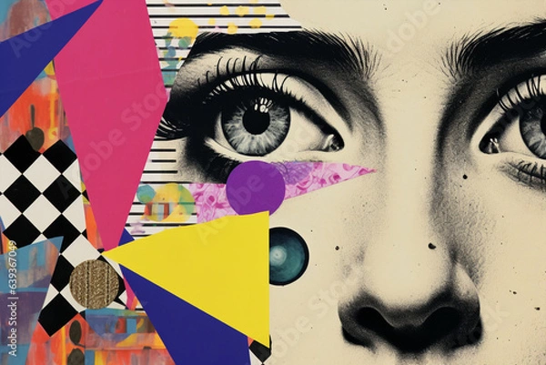 Fototapeta pop art style collage of eyes and different  colorful shapes, retro vintage mood wallpaper banner, abstract theme concept social network use