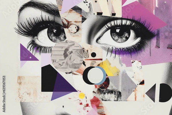 Fototapeta pop art style collage of eyes and different  colorful shapes, retro vintage mood wallpaper banner, abstract theme concept social network use