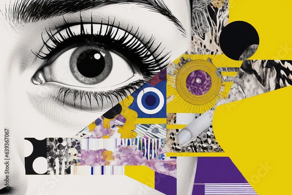 Fototapeta pop art style collage of eyes and different  colorful shapes, retro vintage mood wallpaper banner, abstract theme concept social network use