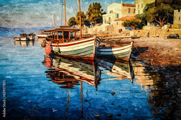 Fototapeta A generative AI illustration capturing the serene beauty of a Mediterranean coast at sunset. A picturesque scene of a Mediterranean coast at sunset