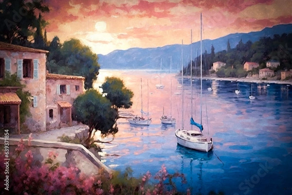 Fototapeta A generative AI illustration capturing the serene beauty of a Mediterranean coast at sunset. A picturesque scene of a Mediterranean coast at sunset