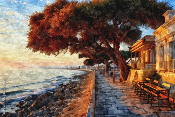 Fototapeta A generative AI illustration capturing the serene beauty of a Mediterranean coast at sunset. A picturesque scene of a Mediterranean coast at sunset