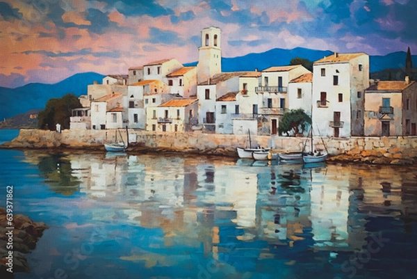 Fototapeta A generative AI illustration capturing the serene beauty of a Mediterranean coast at sunset. A picturesque scene of a Mediterranean coast at sunset