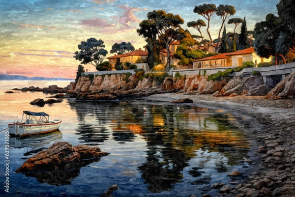 Fototapeta A generative AI illustration capturing the serene beauty of a Mediterranean coast at sunset. A picturesque scene of a Mediterranean coast at sunset
