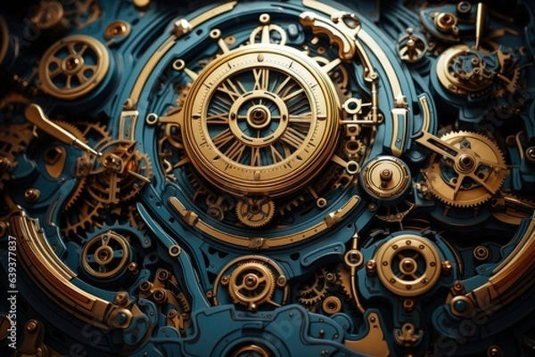 Fototapeta Witness the collision of steampunk and AI in this poster, where clockwork mechanisms are transformed by artificial intelligence into a symphony of intricate, kinetic art.