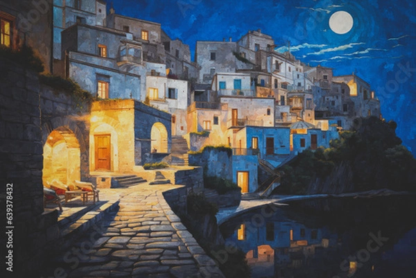 Fototapeta A vibrant generative AI artwork painting portraying a cozy Mediterranean harbor at night, illuminated by warm lights, evoking vacation memories.