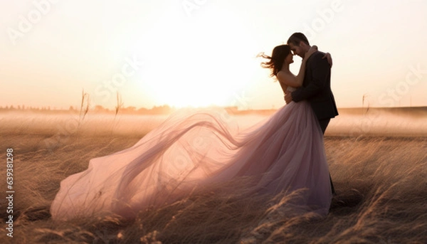 Obraz Newly wed bride and groom posing on a rural field in the sunset. Generative AI illustrations