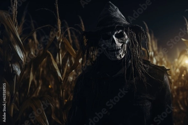 Fototapeta Halloween. Horrific scene of a corn field with a scary scarecrow. 