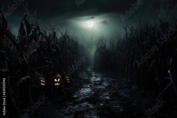 Fototapeta spooky scene of a empty corn field by night. Halloween background. 