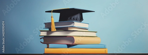 Fototapeta Books with academic hat on light blue background. The concept of learning, studying and graduation.