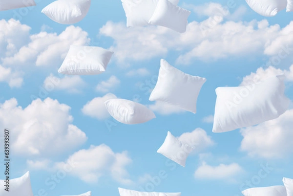 Fototapeta Background made of white pillows and one cotton cloud on serenity pastel blue background. Sleeping concept.