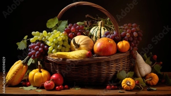Fototapeta Bountiful Autumn: A Vibrant Harvest Basket Overflowing with Seasonal Delights Illuminated by Golden Light
