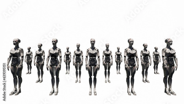 Fototapeta Group of AI smart futuristic humanoid cyborg robots standing in a row on red background. 3D rendering illustration, 4.0 industry, M2M computer aided manufacturing