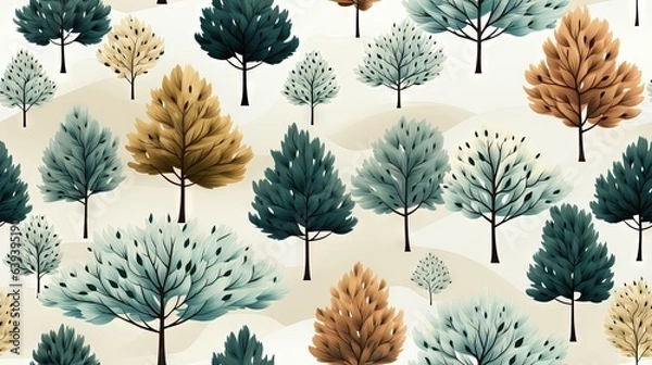 Fototapeta  a group of trees that are painted in different shades of blue, brown and green.  generative ai