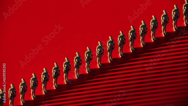 Fototapeta Many AI smart futuristic humanoid cyborg robots standing in a row on red background. 3D rendering illustration, 4.0 industry, M2M computer aided manufacturing, 8K resolution