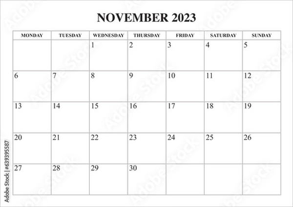 Fototapeta calendar november 2023 start from monday