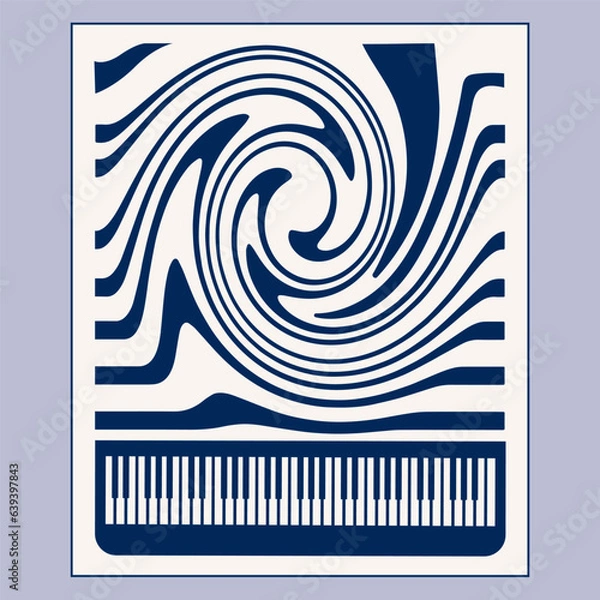Fototapeta A poster with musical keys in Groovy stile, for the piano or grand piano concerts. Wave design. 
dark blue and milky colors. Graphics, minimalism. Style of the 70s and 60s