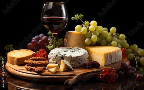 Fototapeta Wine, cheeses and grapes in a vintage setup. Created with Generative AI