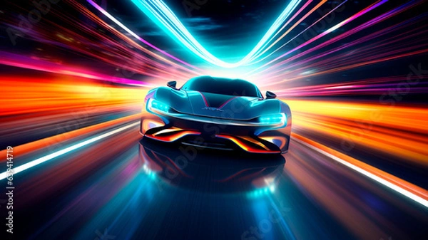 Fototapeta A high-tech sports car in a neon-lit urban setting, showcasing its impressive acceleration as it leaves colorful light trails on the highway. Generative AI