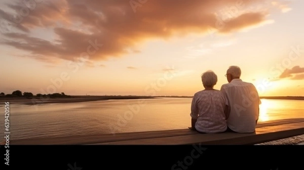 Fototapeta Rear view, Seniors enjoying of retirement with a beach at sunset.
