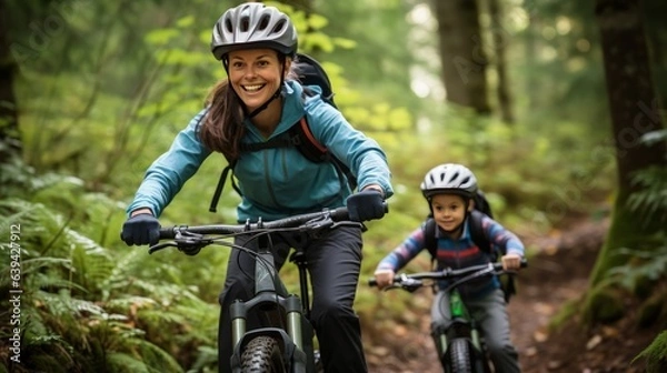 Obraz Grinning mother and girl riding mountain bicycles together along a path in a dim timberland