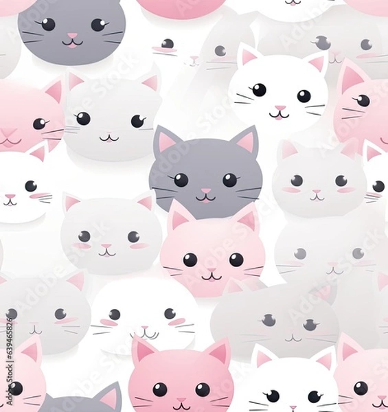 Fototapeta Seamless Pattern Featuring Charming Childlike Drawings of White and Pink Cats. Designed to be used for Printing, Wallpaper, Fabric, and Background Purposes, Adding a Playful and Cute Element.