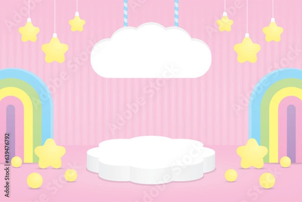Obraz cute kawaii cloud shape podium stage and hanging sign with sweet rainbow arch and stars 3d illustration vector for putting object
