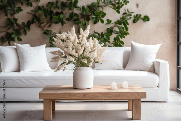 Fototapeta Close up of a sofa, coffee table and plants in a minimalistic living room staging