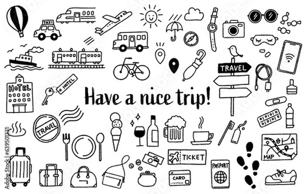 Fototapeta シンプルでかわいい手描きの旅行イラストセット（モノクロ）