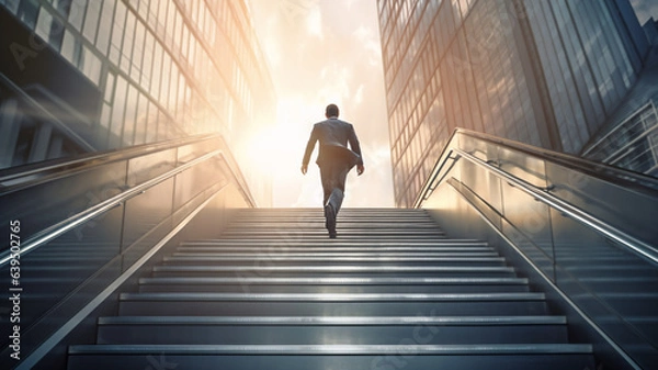 Fototapeta Businessman walk standing on top of stairs. Concept of success career, way up climb top building. Corporate mission job ladder. Achievement and focus to goal, leadership and success.