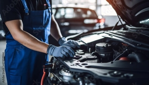 Fototapeta Car Mechanic Holding Clipboard and Checking for Maintenance