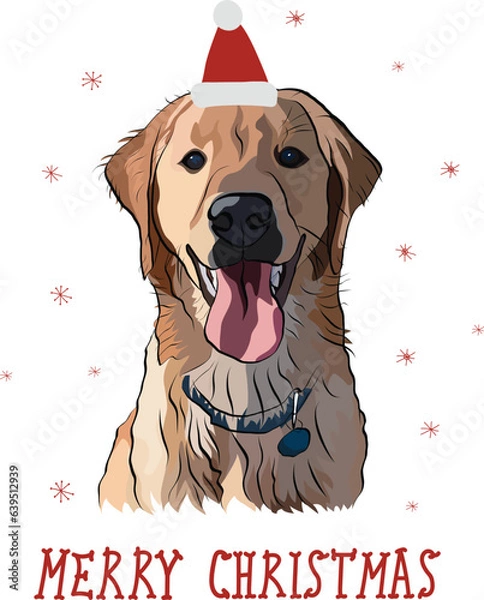 Fototapeta Golden retriever dog smiling face cute Christmas greeting card. Golden Retriever Peeking dog in a hat. Happy Labrador Face, Pet detailed artwork, Lab icon. Abstract line art, winter New Year present.