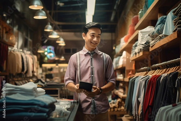 Fototapeta The harmony of online and offline retail, with a shop owner using their laptop for inventory management and their phone for in-store customer assistance.