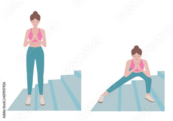 Obraz Stair workout: Exercises you can do at every staircase you find.
Benefits, doing side Lunges is  strengthening the inner thigh and glute. Isolated vector illustration in cartoon style. 