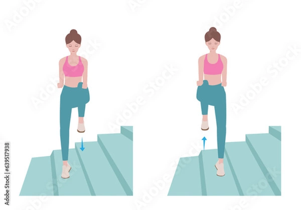 Obraz Stair workout: Exercises you can do at every staircase you find.
Doing High Knee Stretch jump training will help strengthen your body and burn a lot of calories. Isolated vector in cartoon.
