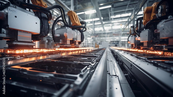 Fototapeta Stunning image of electric vehicle battery packs assembly line, industrial setting, large, well - lit factory