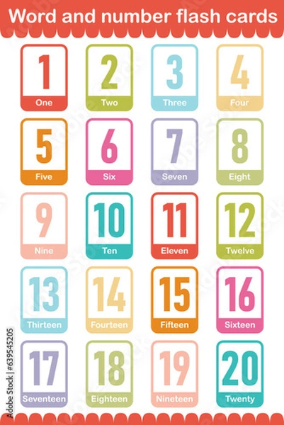 Fototapeta Printable flashcard collection for numbers from 1 to 20 with words for children. For preschool years and kindergarten kids learning numbers
